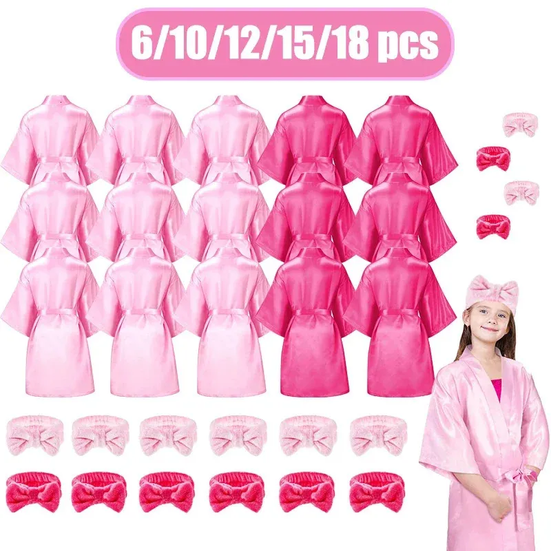 6-18pcs Spa Party Robes For Girls Kids Birthday Kimono Satin Robe Sleep Overover Pyjamas Party Gowns Pink Party Favors 240323