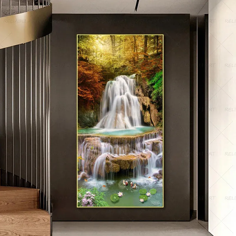 Waterval Posters en Prints Abstract Entree Schilderij Modern Home Decor Koi Animal Wall Art Pictures voor Woonkamer Vis Landschap Cuadros