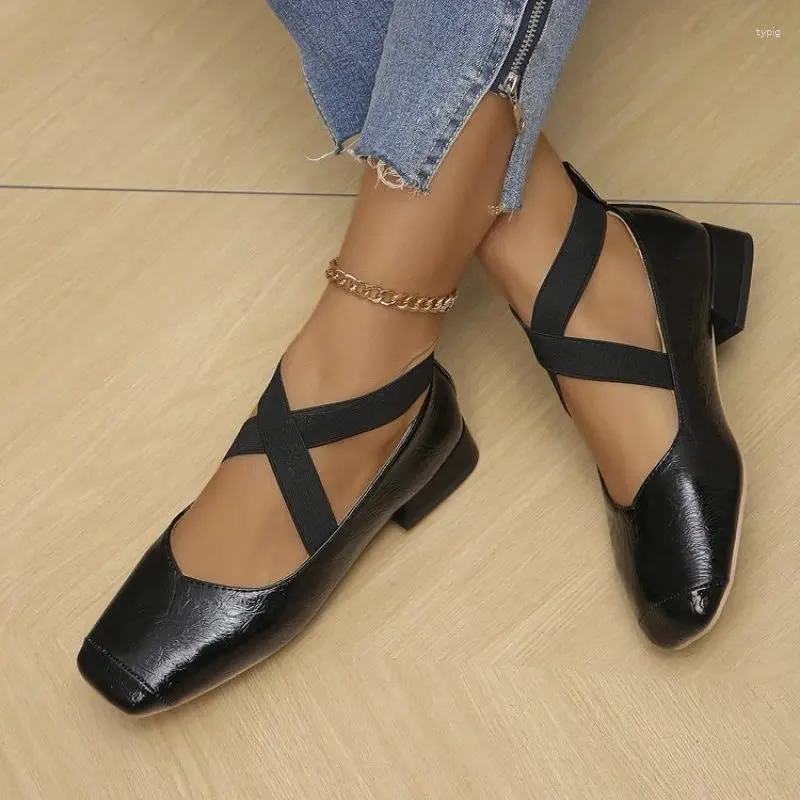 Casual Shoes Cross Tie Ballet Flats Square Toe Elegant Woman Heeled Mary Jane Leather Shallow Ladies Are Offer 44