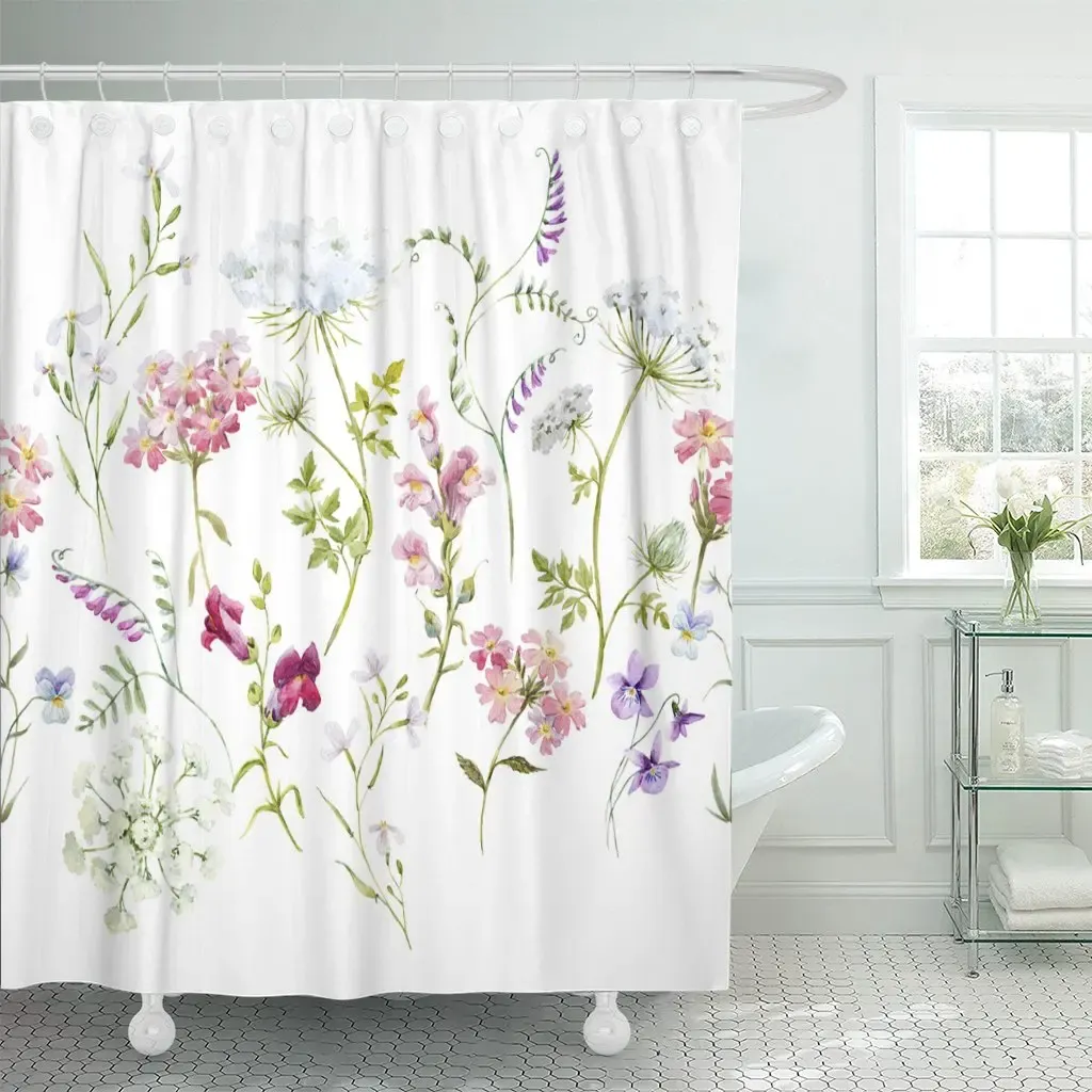 Rideaux Rideau de douche aquarelle motif floral fleur délicate fleurs sauvages rose tanaisie pensées blanc dentelle de la reine Anne rétro imperméable