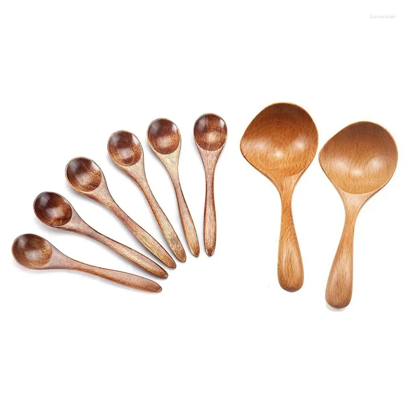 Spoons 6X Small Wooden & 2 Pcs Soup Ladle Long Handle Large Spoon Wood Scoop Kitchen Serving