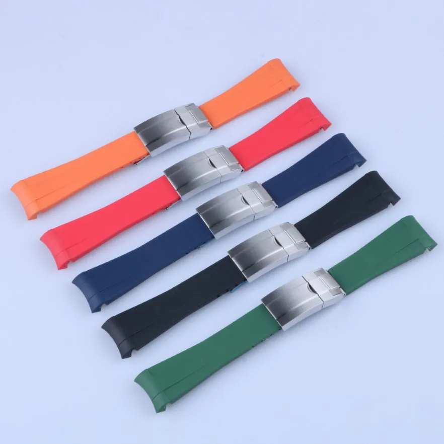 20 mm krökt slutband och silver alla borstade lås Silikon svart maringrön orange rött gummiband för ROL -rem sub gmt dat302b