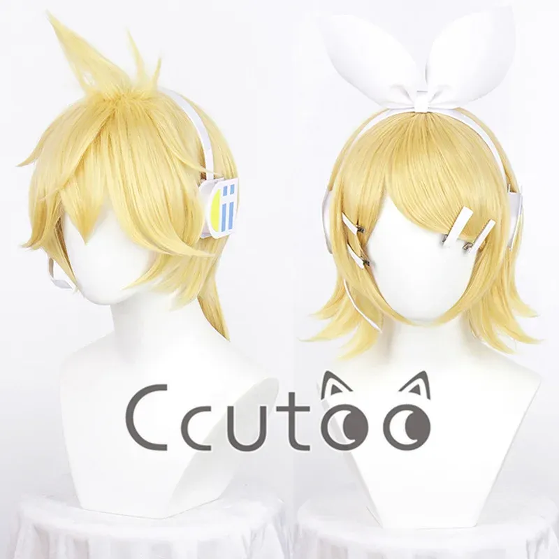 Perruques Rin/Len perruque de Cosplay synthétique blonde courte résistante à la chaleur + couvre-chef + bonnet de perruque