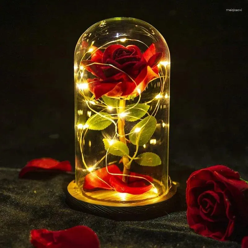 Flores Decorativas Flor De Rosa Preservada En Cúpula De Vidrio Eterna Con Luz LED Romántico Día De San Valentín Aniversario Cumpleaños Regalo De Navidad Para