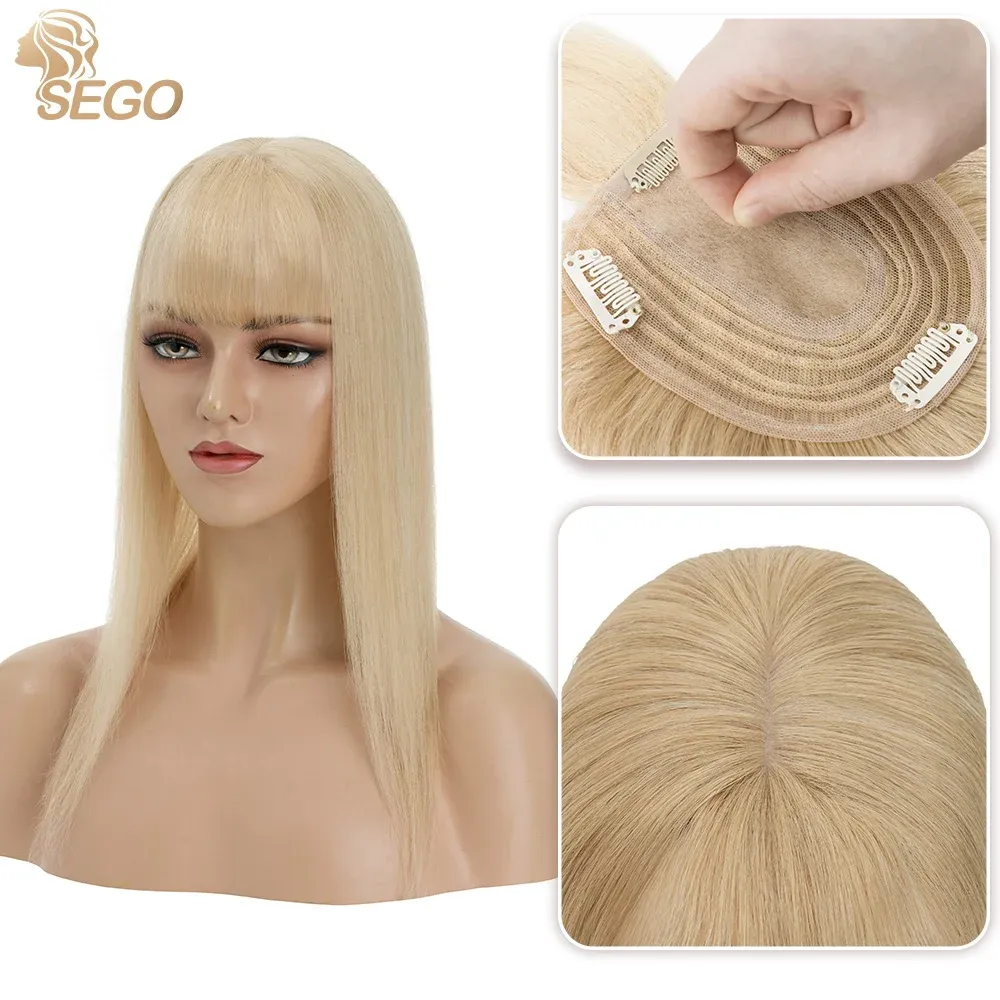 Toppers Sego 10x12cm Silk Base Haar Toppers voor vrouwen Human Hair Pruik Natuurlijk haarstukje met pony 4 clips in natuurlijke haaruitbreidingen
