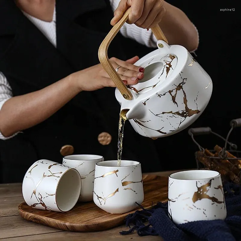 Service à thé en marbre, service à thé domestique, tasse de l'après-midi en céramique noire et blanche de Style japonais avec théière de Support à Base d'acacia Mangium