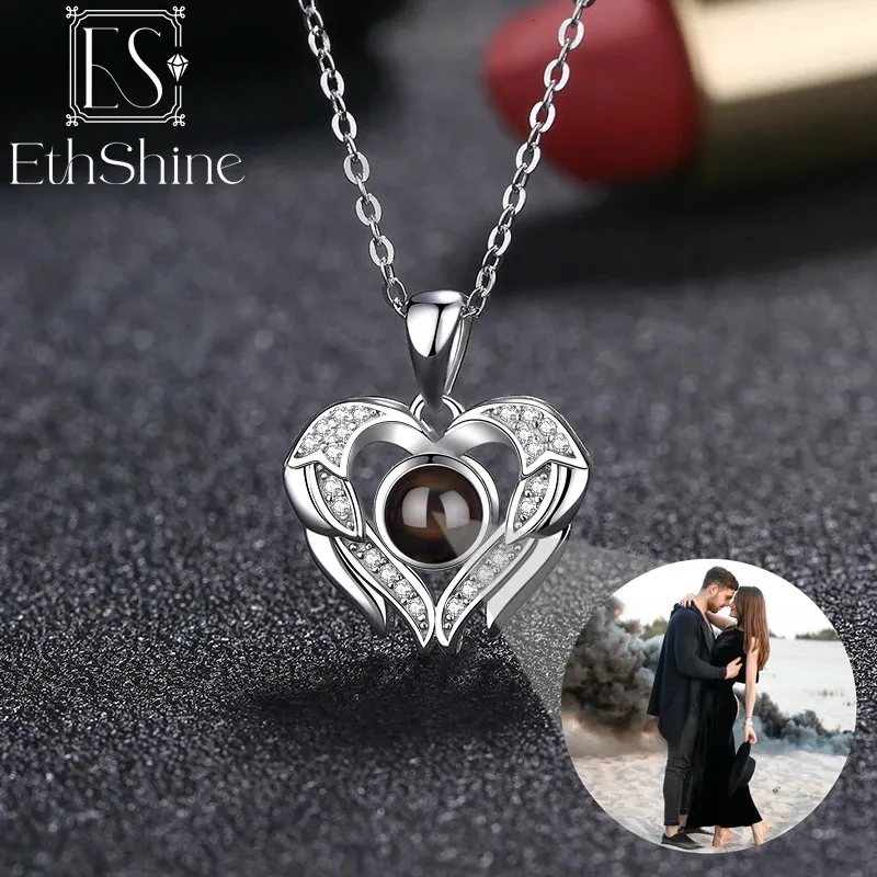 EthShine Personalized Po Necklace 925 Sterling Silver Customized Heart Projection with Picture Christmas Gift 240309