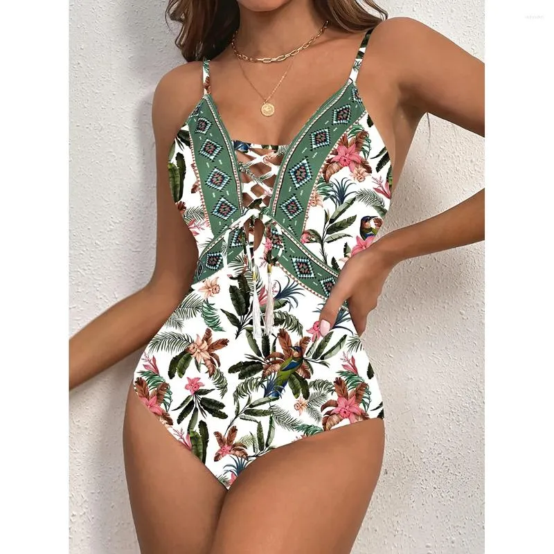 Kvinnors badkläder 2024 Sexig Deep V Neck One Piece Swimsuit Women Patchwork Monokini Suit Push Up Bathing vadderad bodysuit Beach Wear