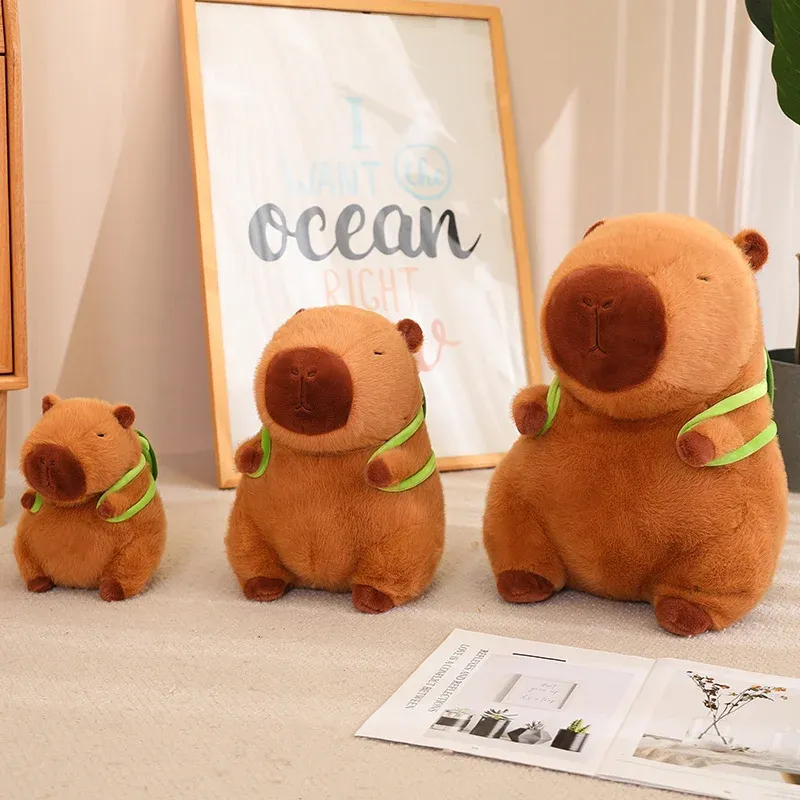 Coussins Capybara mignon avec sac à dos jouets en peluche assis beaux animaux de dessin animé poupées en peluche cadeau de vacances décor à la maison canapé oreillers en peluche