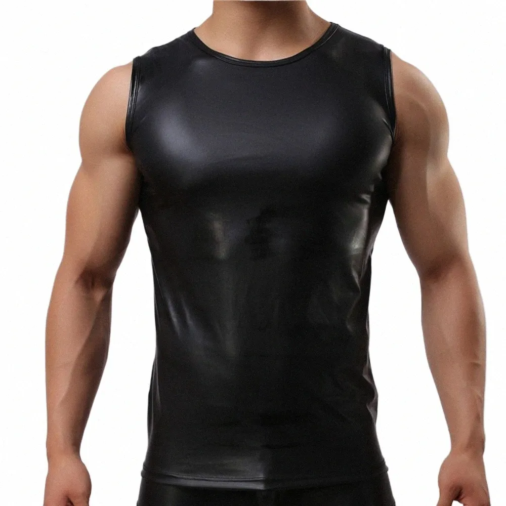 Erkekler Seksi Sıkı Sıkı Elastik PU Deri Deri Kollu Tank Top Yelek Islak Görünüm İç çamaşırı T-Shirt Katı Parti Kulübü Spor Erkek Tank Top Q7AG#