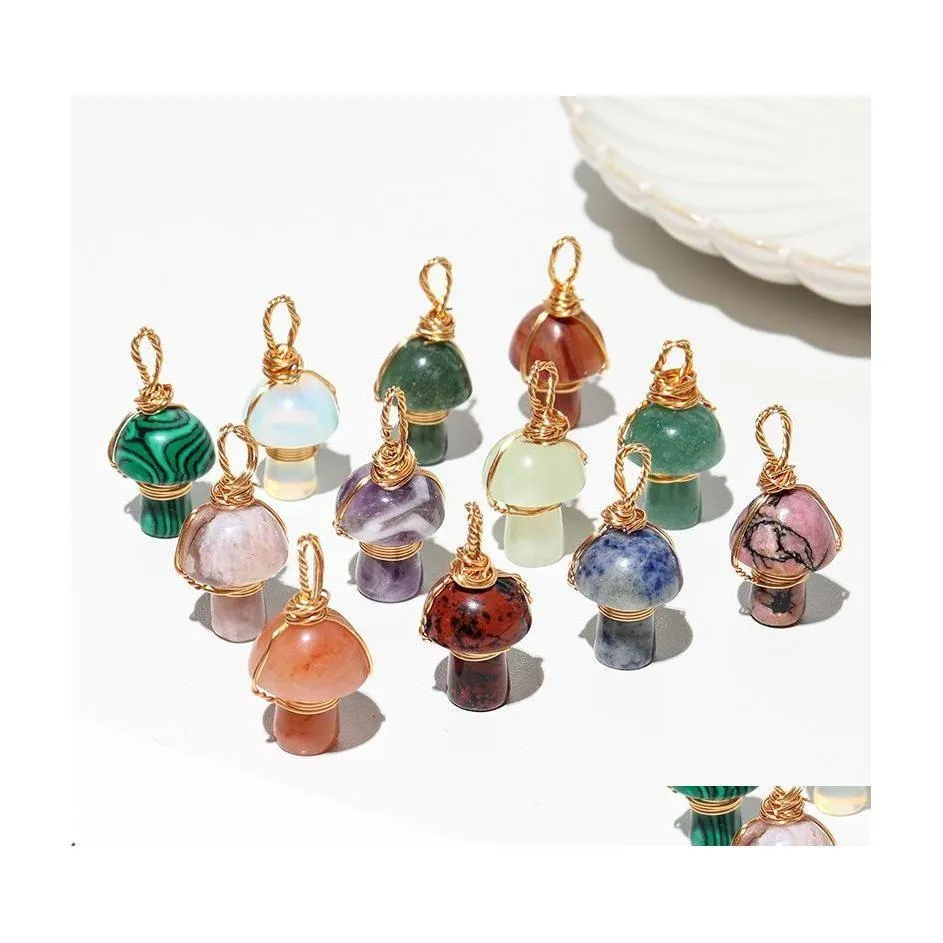 Charms Natural Crystal Stone 2Cm Mushroom Statue Carving Reiki Healing Gold Wire Wrap Pendant For Necklace Jewelry Making Drop Deliv D Otmju