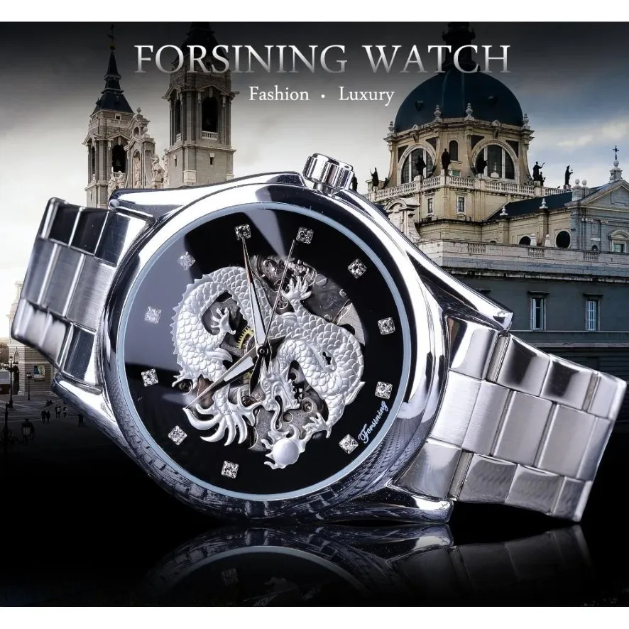 ForSining Diamond Montre Design Silver Rostfri Automatisk Dragon Display Men Homme Luxury Watches Wrist Brand Classic Top Steel H274S