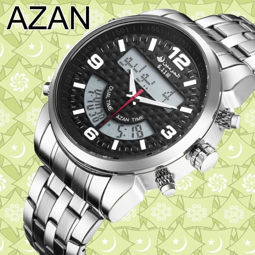 6 11 nouvelle montre Azan numérique à double fuseau horaire en acier inoxydable 3 couleurs Y19052103311r