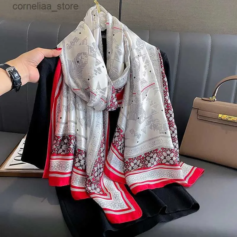 Bandanas Durag Schals Luxus Marke Print Lrage Hijab Frauen Beliebte Warme Seidenschal Finish Schals Die Vier Jahreszeiten 180X90 CM Schal Y240325