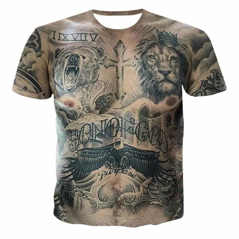 Sexig fi muskel tatuering kreativ hiphop rolig tuff kille sommaren mäns crewneck kort ärm t-shirt topp 3d harajuku tryck ny c4gn#