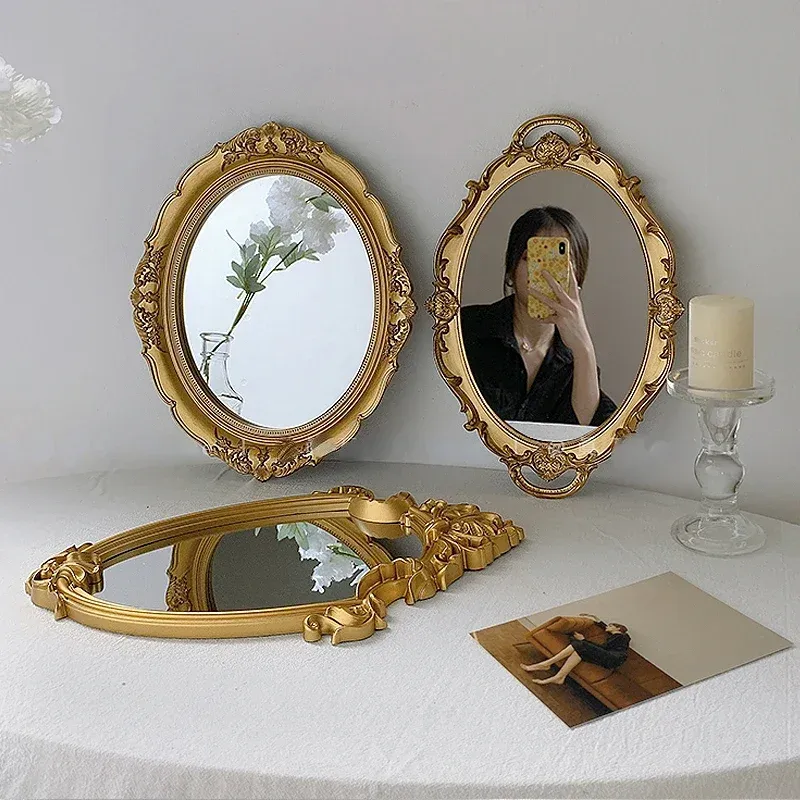 Mirrors Vanity Mirrors Baroque Frame Mirror Gold Shield Wall Decorative Mirrors Plate Tray Make Up Mirror for Bedroom Home Decor