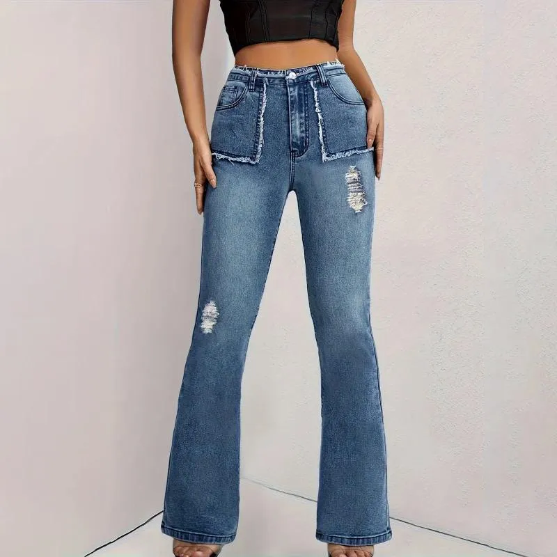 Damen Jeans Damen Boyfriend High Rise Wide Leg Casual Streetwear Taschen Denim Hosen für Damen Zerrissene Hosen Ropa Mujer