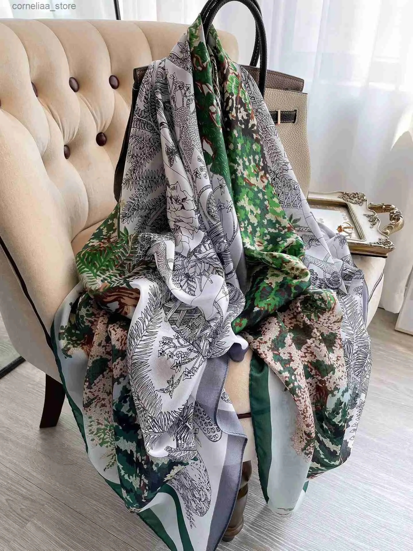 Bandanas Durag 180*90cm muffler Smooth Silk Scarf for Women Floral Print Elegant Female Foulard Hijab Luxury Shawls Beach Lady Stoles Scarve Y240325