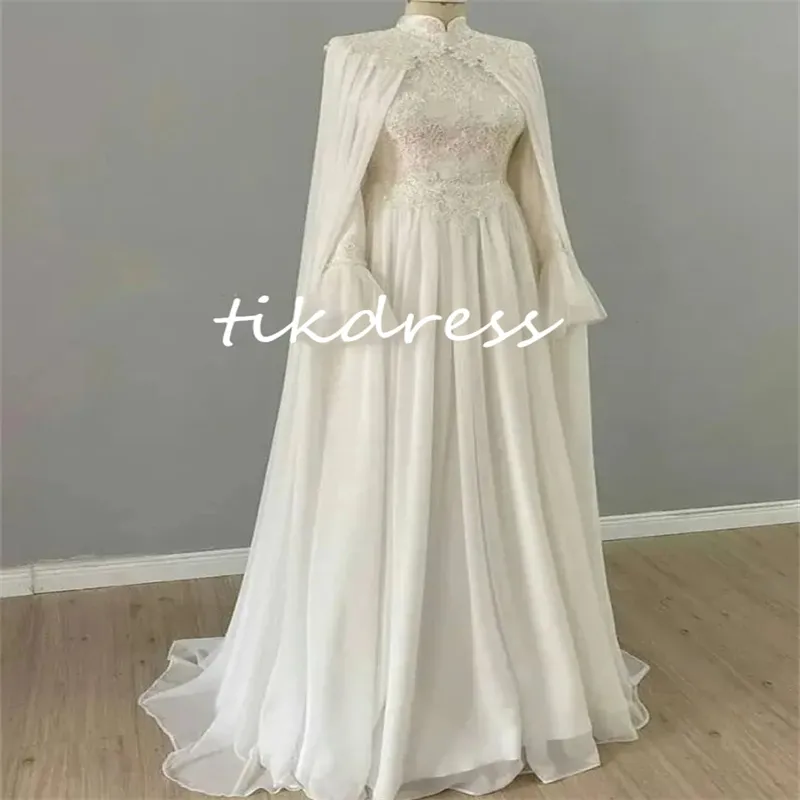 Исламские мусульманские свадебные платья 2024 Элегантное шифоновое платье с высоким вырезом и аппликациями в Дубае, арабское свадебное платье с накидкой и длинным рукавом, шифоновое платье для невесты Vestido De Novias muslimah