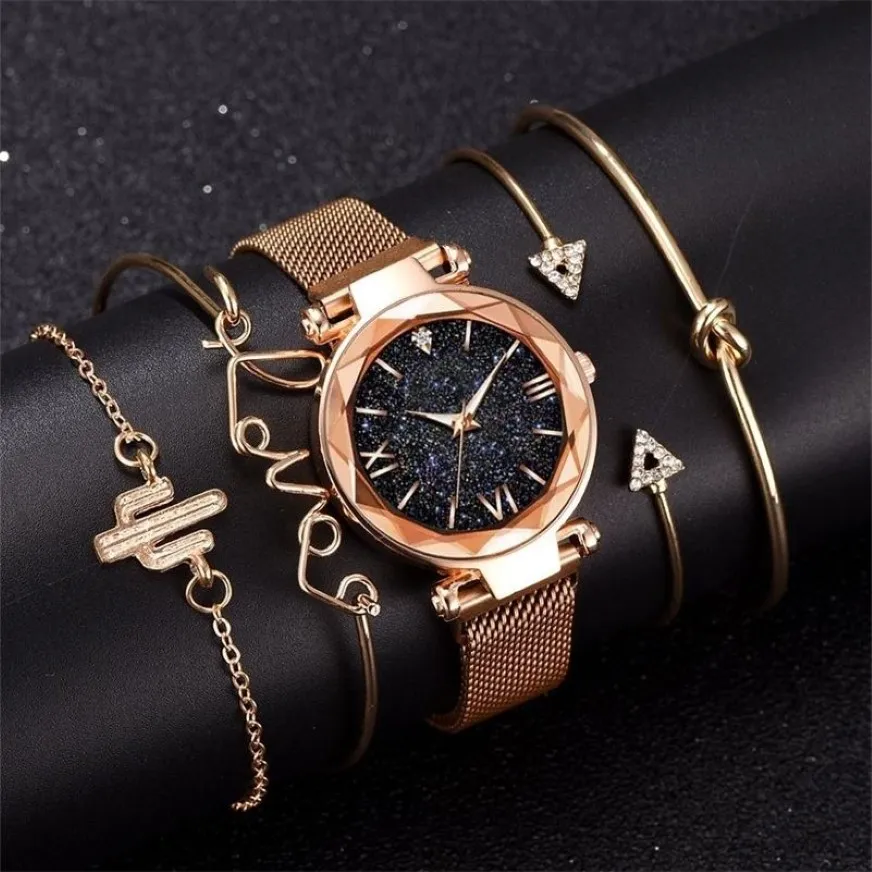 Fashion Bracelet Watches Women 5 Pcs Set Luxury Rose Gold Lady Watches Starry Sky Magnet Buckle Gift Watch for Female 2012042363