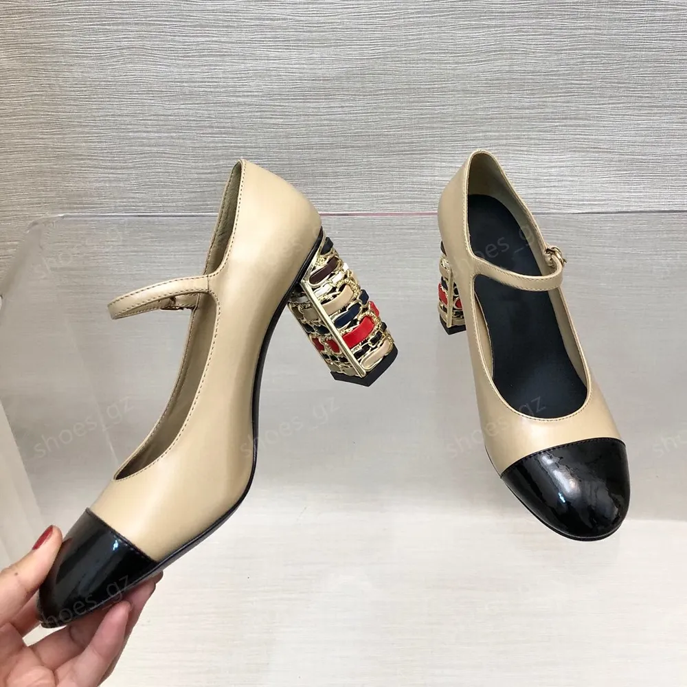 럭셔리 디자이너 가죽 컬러 힐 펌프 8.5cm 4.5cm 버클 스트랩 Mary Jane Pumps Heels 여성 청키 블록 발 뒤꿈치 발레 신발 샌들 드레스 웨딩 신발 화이트