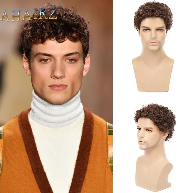 Wigs Synthetic Wig for Men Natural Brown Short Kinky Curly Hair Men Wigs Fashion Style Adjustable Size Breathable Wigs Male 2023