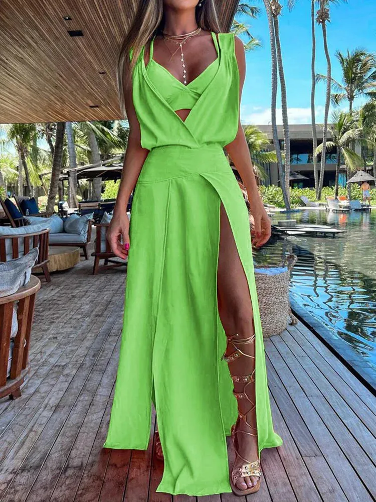 Sexy Vest et Maxi Dres Tenget Summer Women Beach Loose Two Piece Set Lady Patchwork Short Tops Jupe Matching Suit 240315