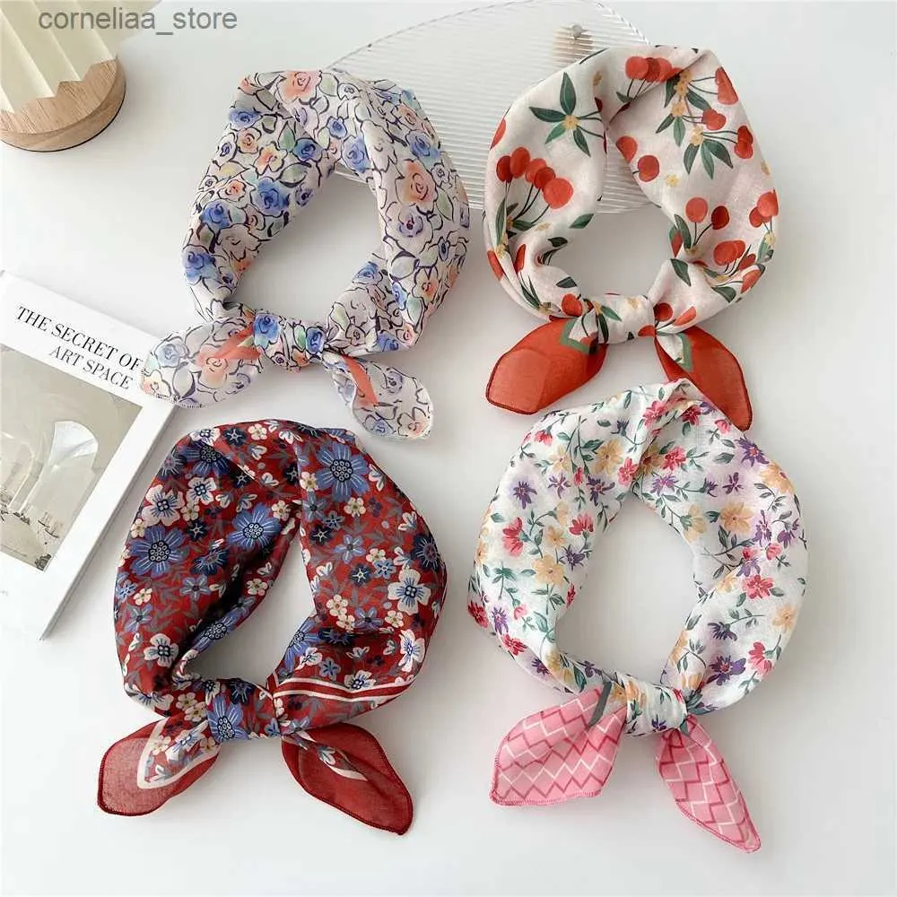 Bandanas Durag Bandanas Durag 55 cm Niñas Algodón Lino Primavera Verano Bufanda cuadrada para mujeres Coreano Chic Diadema Moda Decorativa Hairband Floral Cuello Bufanda Y2403