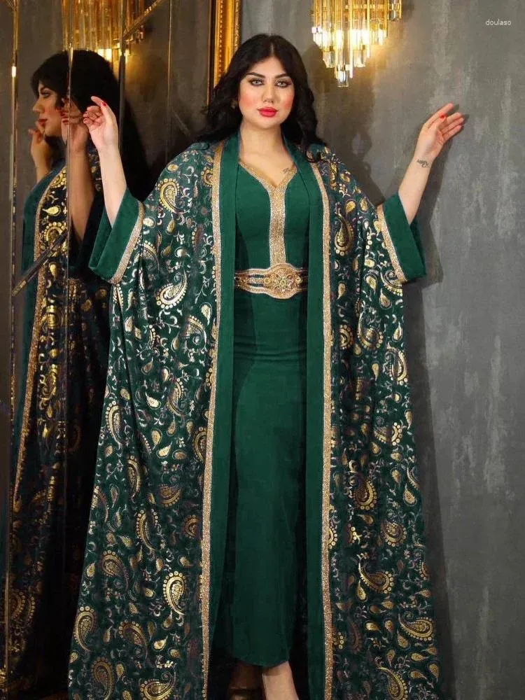 Etniska kläder tryck muslimska abaya för kvinnor eid klänning 2 stycken set marocko ramadan bälte abayas kaftan islam cardigan dubai arab long robe