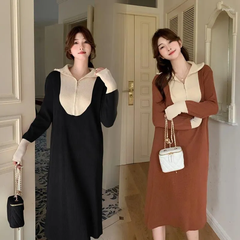 Casual Dresses QW Rge Size Women's Clothing Fashion Color Contrast Lapel Slimming Knitted Fat Girl Half Zipper Overknee Long Woolen Skirt