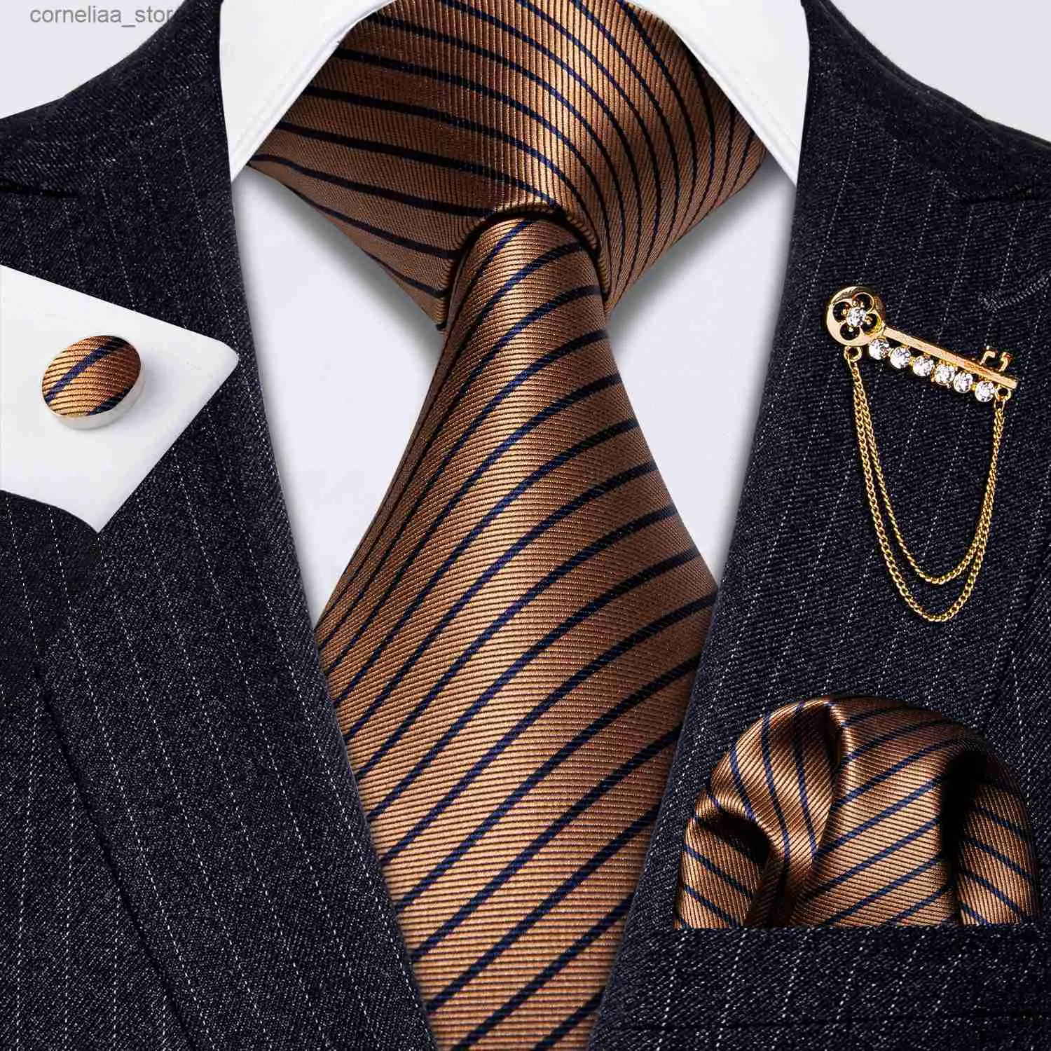 Krawaty na szyję krawaty fahsion brązowe paski męskie Zestaw broszka 100% jedwabny krawat dla mężczyzn krawat do mankietu do mankietu