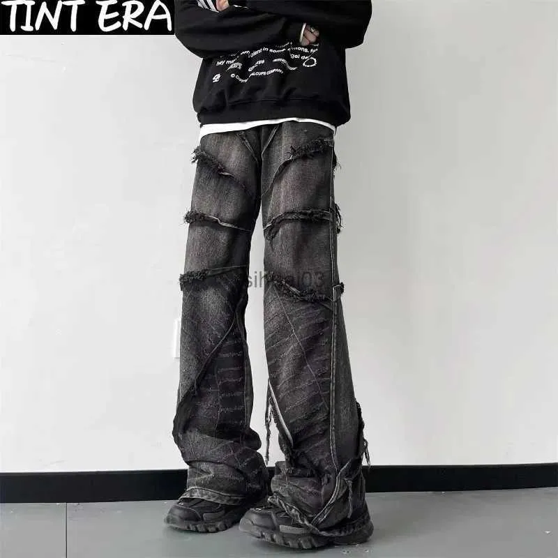 Jeans pour hommes Y2K punk noir américain street rock rétro taille haute surdimensionné jeans pour hommes lavé avec des bords originaux couleur foncée jambe large jeans pour hommesL2403