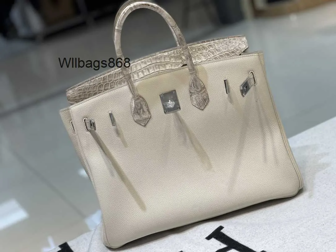 Women Handbag BK L Togo Leather with Crocodile Belly 35 Large Handheld Womens Bag Womens New Light Luxury Himalaya