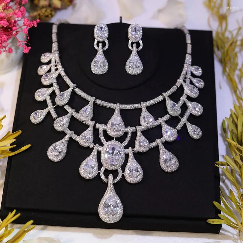 Ketting Oorbellen Set Luxe Micro Grote Kubieke Zircoina Verharde Briljante Accessaries Voor Bruiloft Dubai Nigeria CZ Kristal