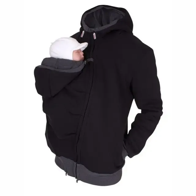 Mens Kangaroo Jacket For Dad And Baby Hoodie Pullover Sweatshirt Carrier Dad Kangaroo Shirt For Baby Zipper Hoodie, Black, L
