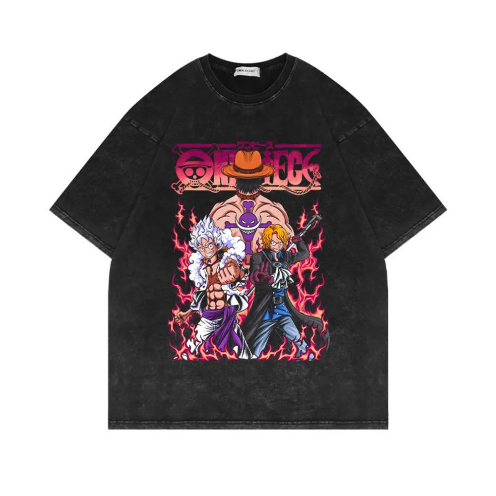 2024 Nova camiseta de manga curta lavada e usada One Piece Animation Anime estilo americano