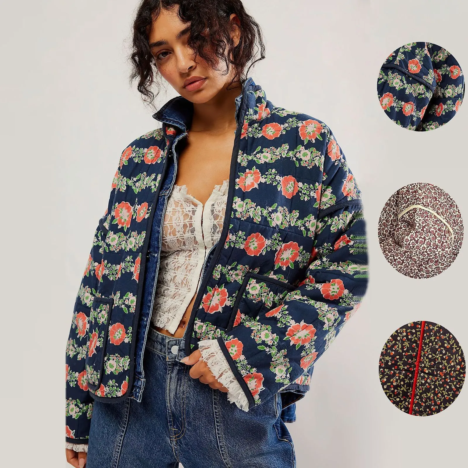 KPYTOMOA Femmes Mode avec poches imprimé floral kimono veste manteau vintage trois quarts manches femme vêtements de dessus chic 211029