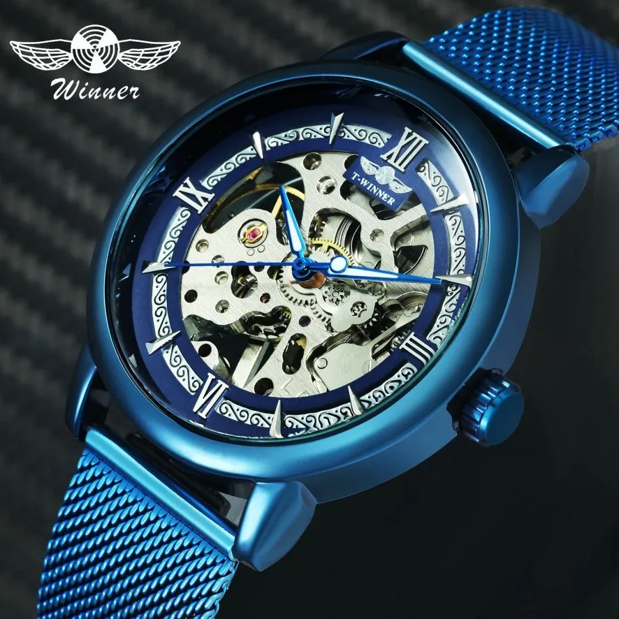 Winnaar Officiële mode Casual Men Mechanisch Bekijk Blue Mesh Strap Ultra dunne skeletherenhorloges Top Brand Luxury Clock 2019 C325B