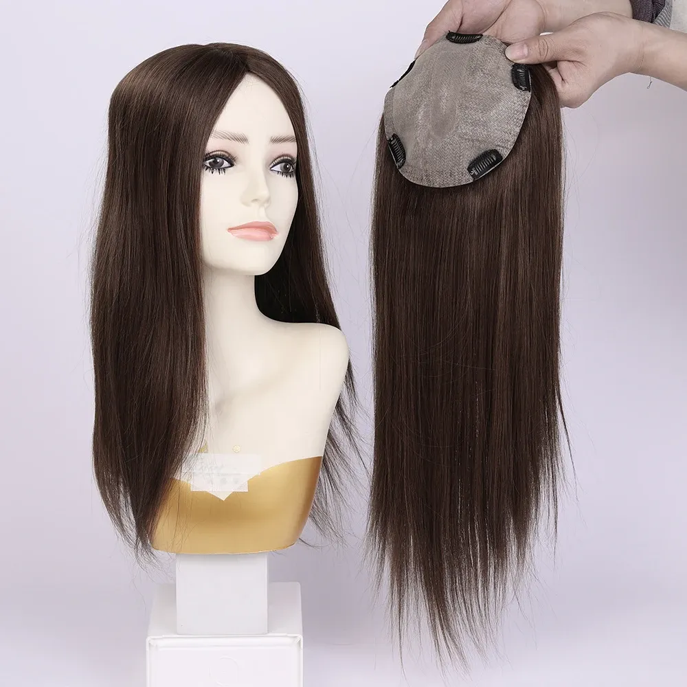 Toppery 100% najlepsza jakość Europejska Remy Topper 15x16cm Meddium Brown Prosty Silk Base Human Hair Women Toupee 1220 cala