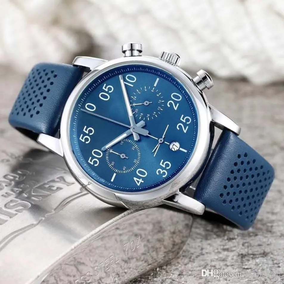 Montre de sport de luxe pour hommes, bleu, mode, bracelet en cuir, tous les cadrans, montres à quartz pour hommes, cadeaux de noël, horloge mo274m