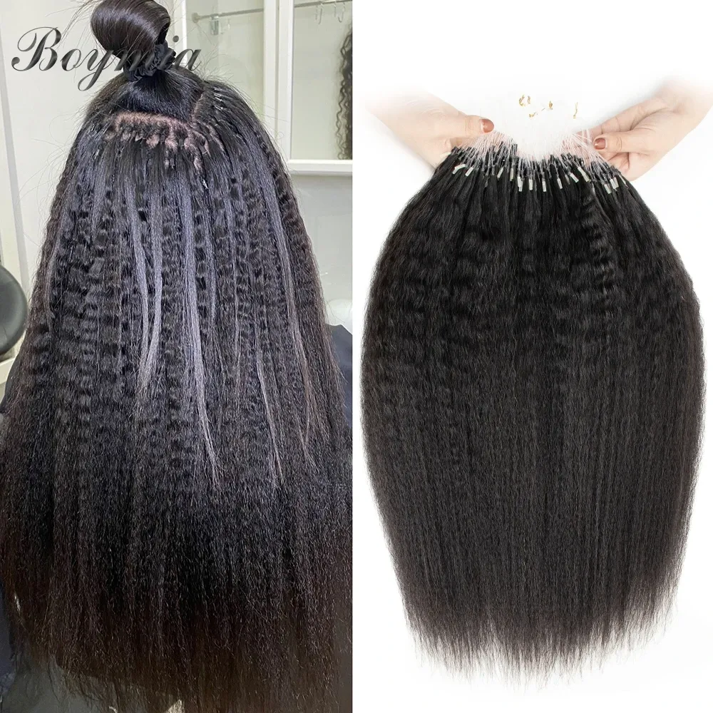 Extensions BoyMia Micro Loop Hair Extensions Kinky Straight 12 "26" Brasilianska Remy Micro Ring Link Hair Natural Black 1B Bulk Hair 50pcs