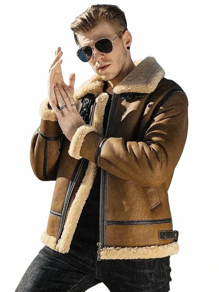 Homens Grosso Inverno Shearling Pele De Carneiro Casaco De Couro Genuíno Masculino B3 Bomber Aviador Outerwear Trench Flight Jaqueta De Couro Real F8MW #