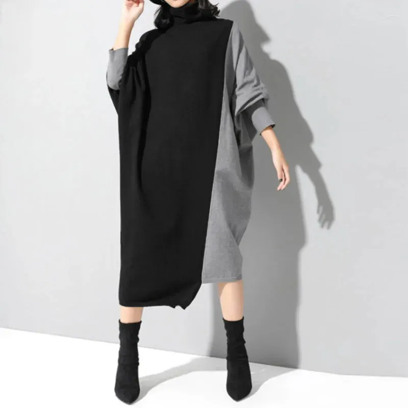 Vestidos casuais preto cinza tricô batwing manga longa vestido mulheres gola alta solta ajuste patchwork moda maré outono inverno 2024