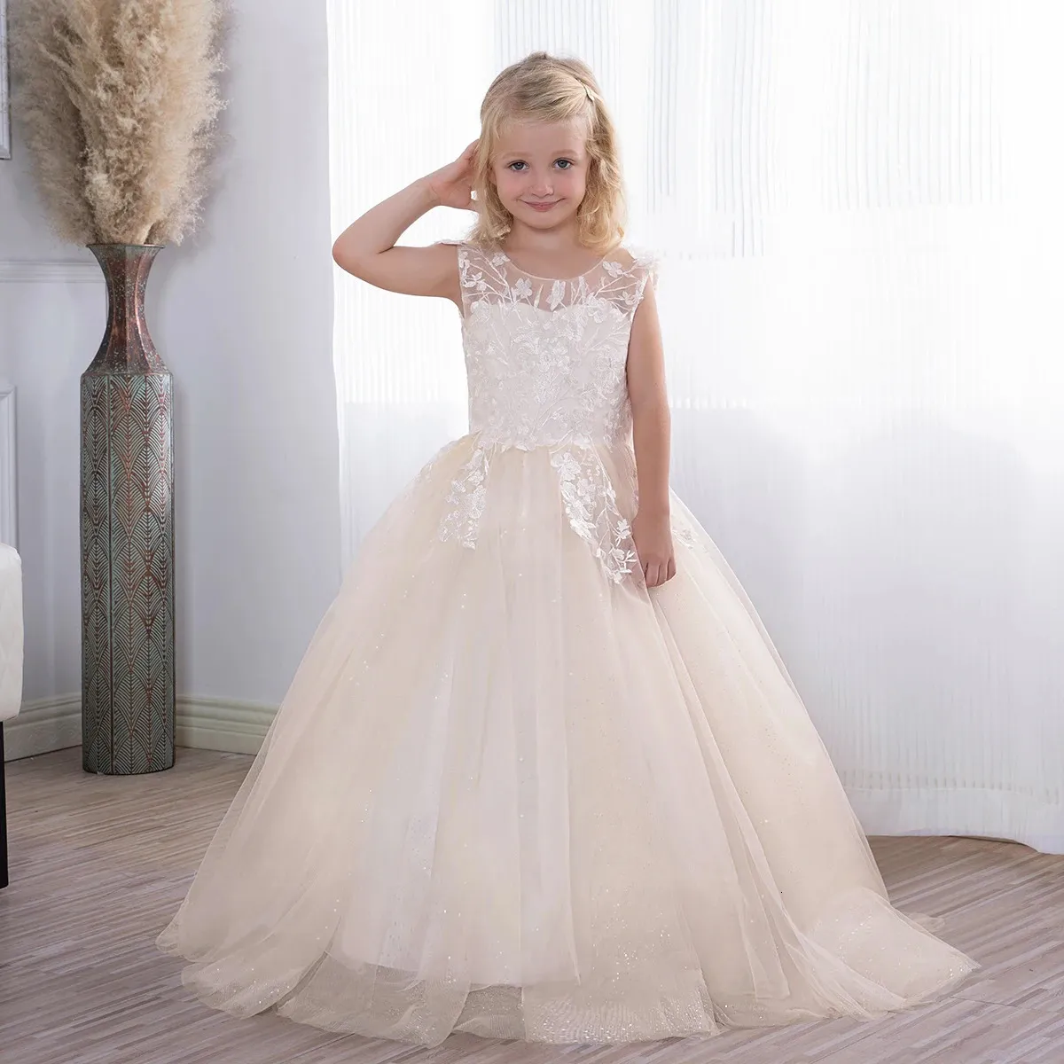 Champagne clair fleur fille robe dentelle Tulle paillettes enfant fête de mariage Princesse robe de bal Communion Robe Princesse Fille 240309