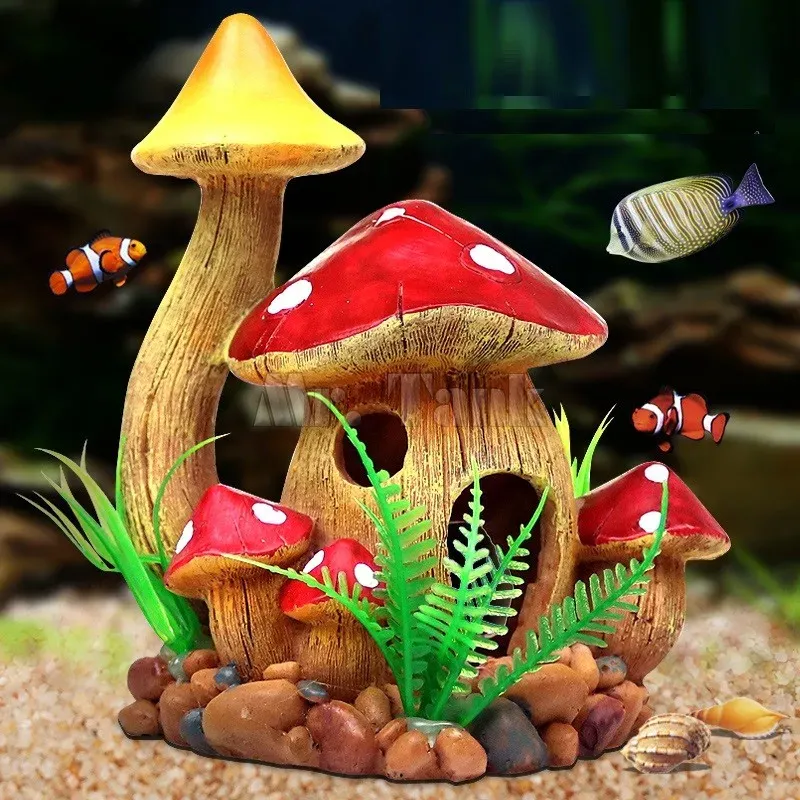 Dekorationer Mr.Tank Mushroom Aquarium Decorations Ornament Artificial Harts Fish Hiding Landscape Accessories Pet Fish Escape Holes