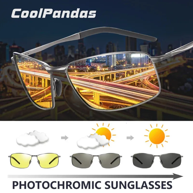 Fashion Aluminium Metal Square Sunglasses Men Polaris Polaris Pochromic Day Night Lunes Driving Discoloration Lens Lentes de Sol 240320