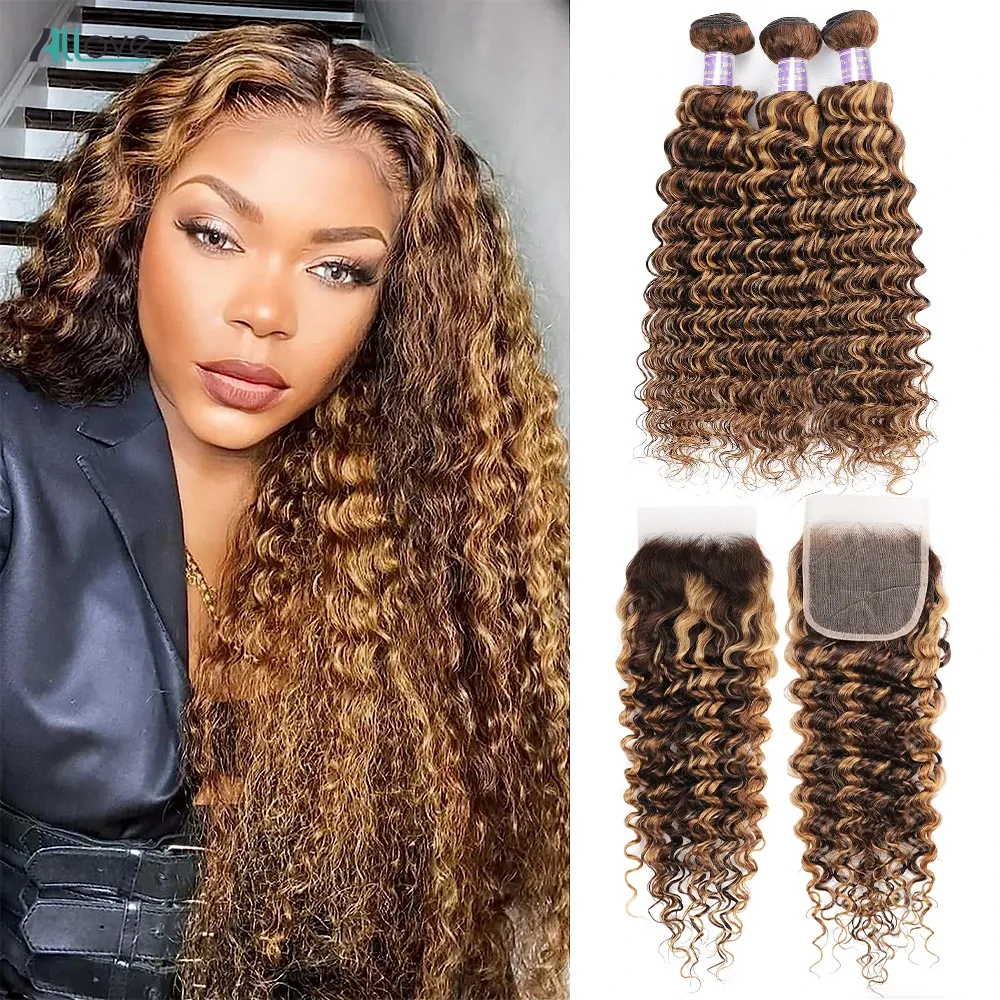 Closure Allove Highlight Bundles With Closure Deep Wave Human Hair Bundles With 4x4 Transparent Lace Closure Ombre Honey Brown Remy Hair