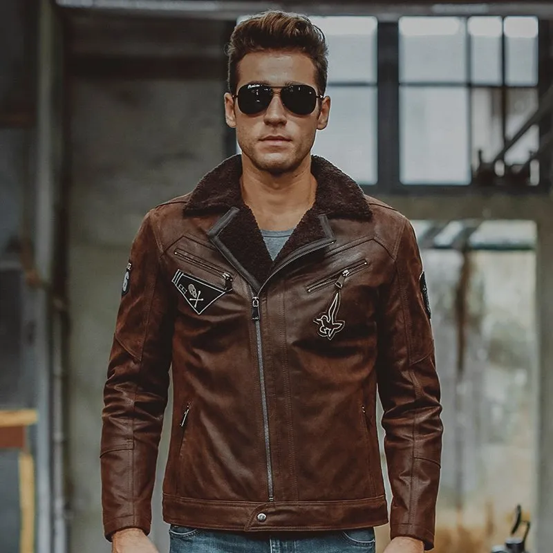 DHgate Mens Genuine Leather Jacket Pigskin Real Leather Jackets with Faux Fur Shearling Motorcycle Bomber Jackets Aviator Coat Mens Leather Jacket Apparel