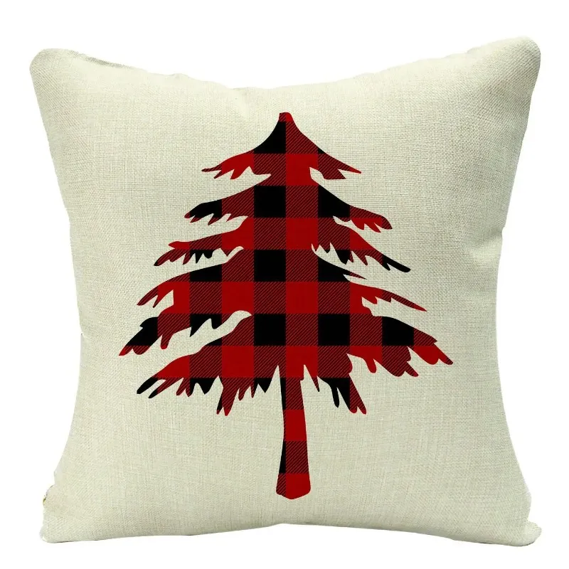 Linen Red Scottish Plaid Christmas Cushions Case Reindeer Trees Snowflakes Print Christmas Decorative Pillows for Sofa Couch Bed