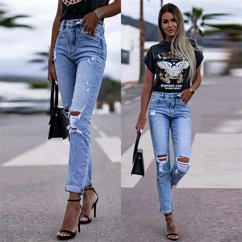Jeans pour femmes Femmes Denim Longueur de la cheville Pantalon Fesse Lift Poches droites Trous Gaine Solide Couleur Légère Strech High Street